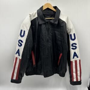American Rider Mens Leather USA Flag Spellout Black Full Zip Snap Jacket Sz XL